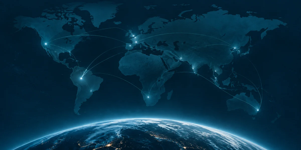 Night view of Earth with glowing trade routes linking continents
