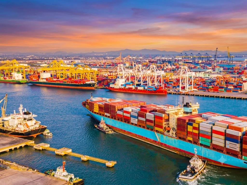 A container ship leaving a busy port at sunset