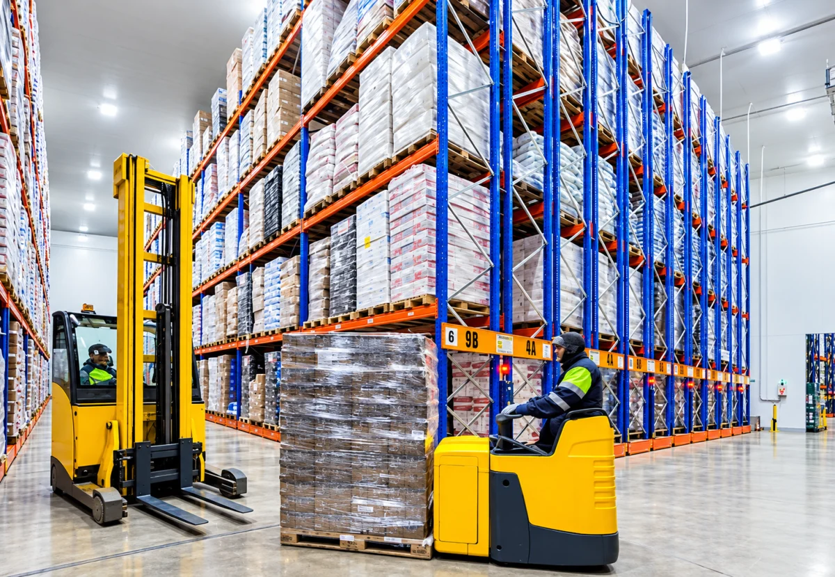Forklifts move pallets in a cold store with high racking