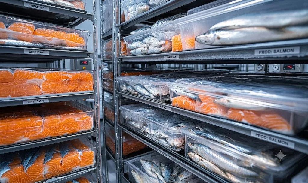 Racks of packed fish and salmon fillets in a cold store