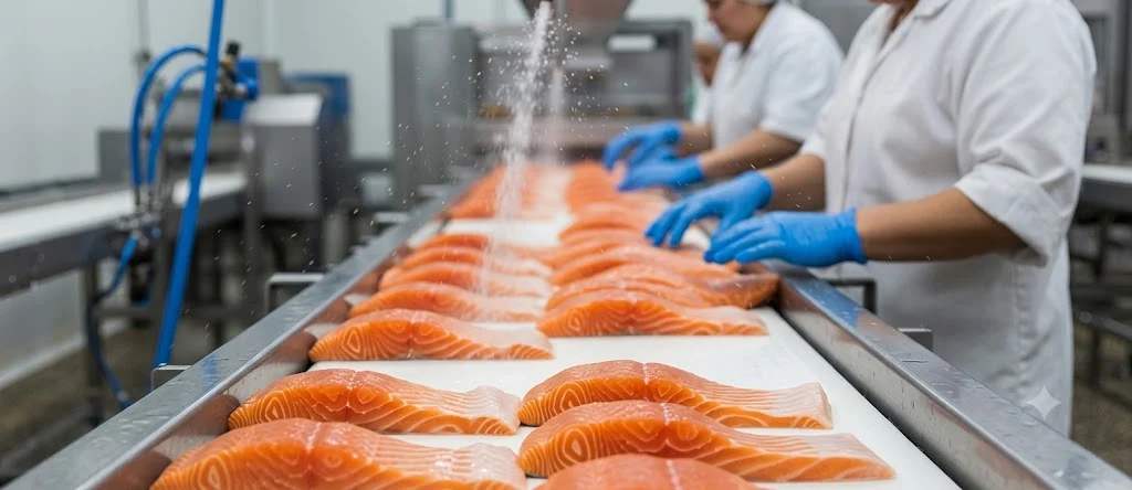 Workers in blue gloves line up salmon fillets on a processing conveyor
