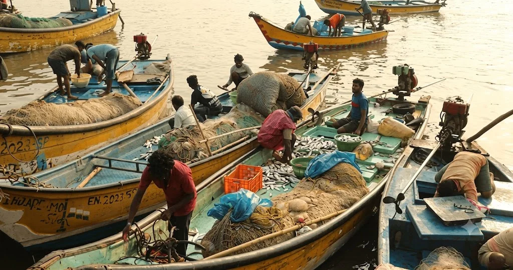 Fishermen sort nets and fresh catch on wooden boats at a harbour